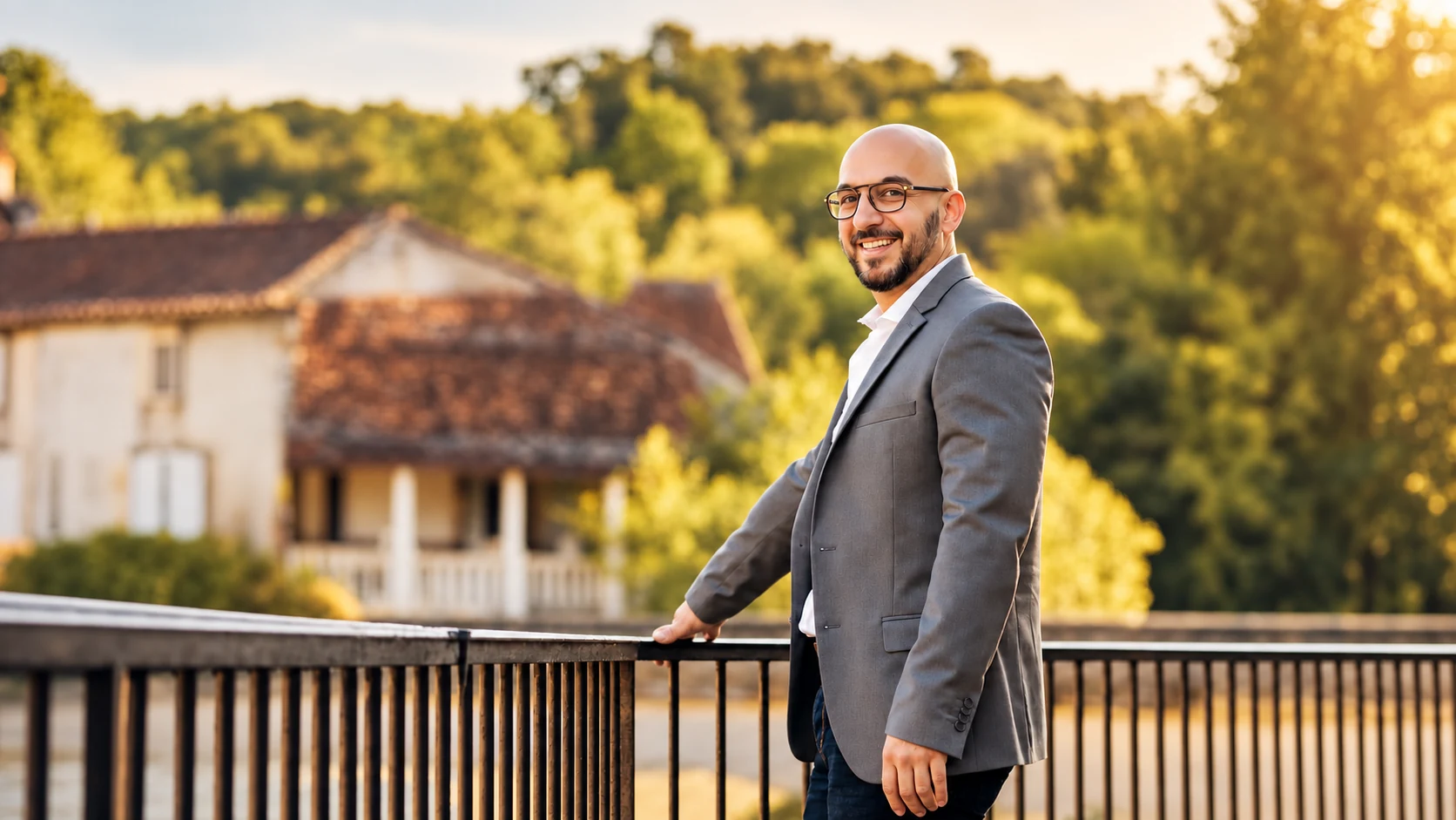 Johann Brunet, souriant, en blazer gris sur un pont, dans un environnement naturel chaleureux.