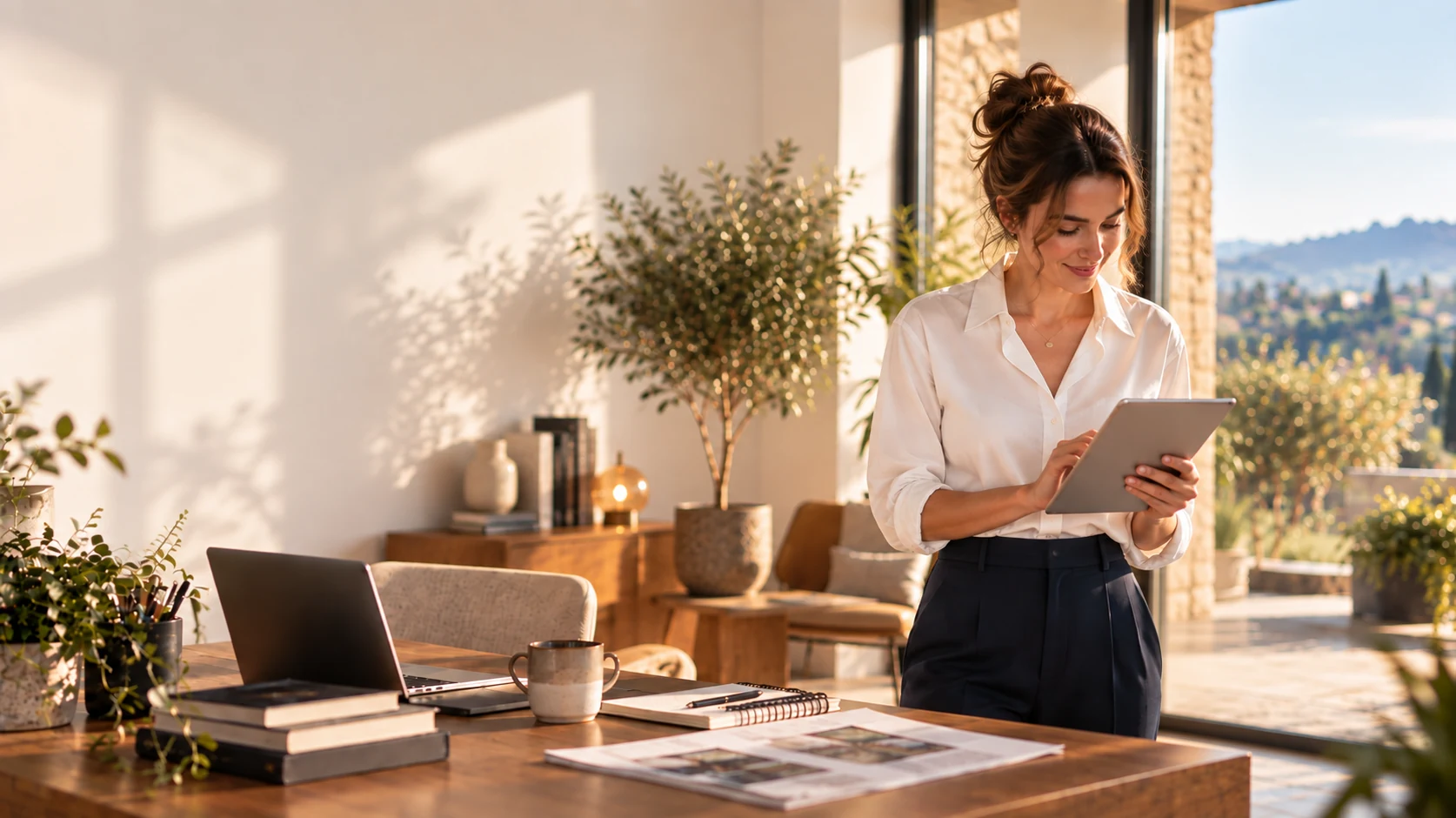 Une femme tenant une tablette dans un bureau lumineux, avec ordinateur, carnet et documents.