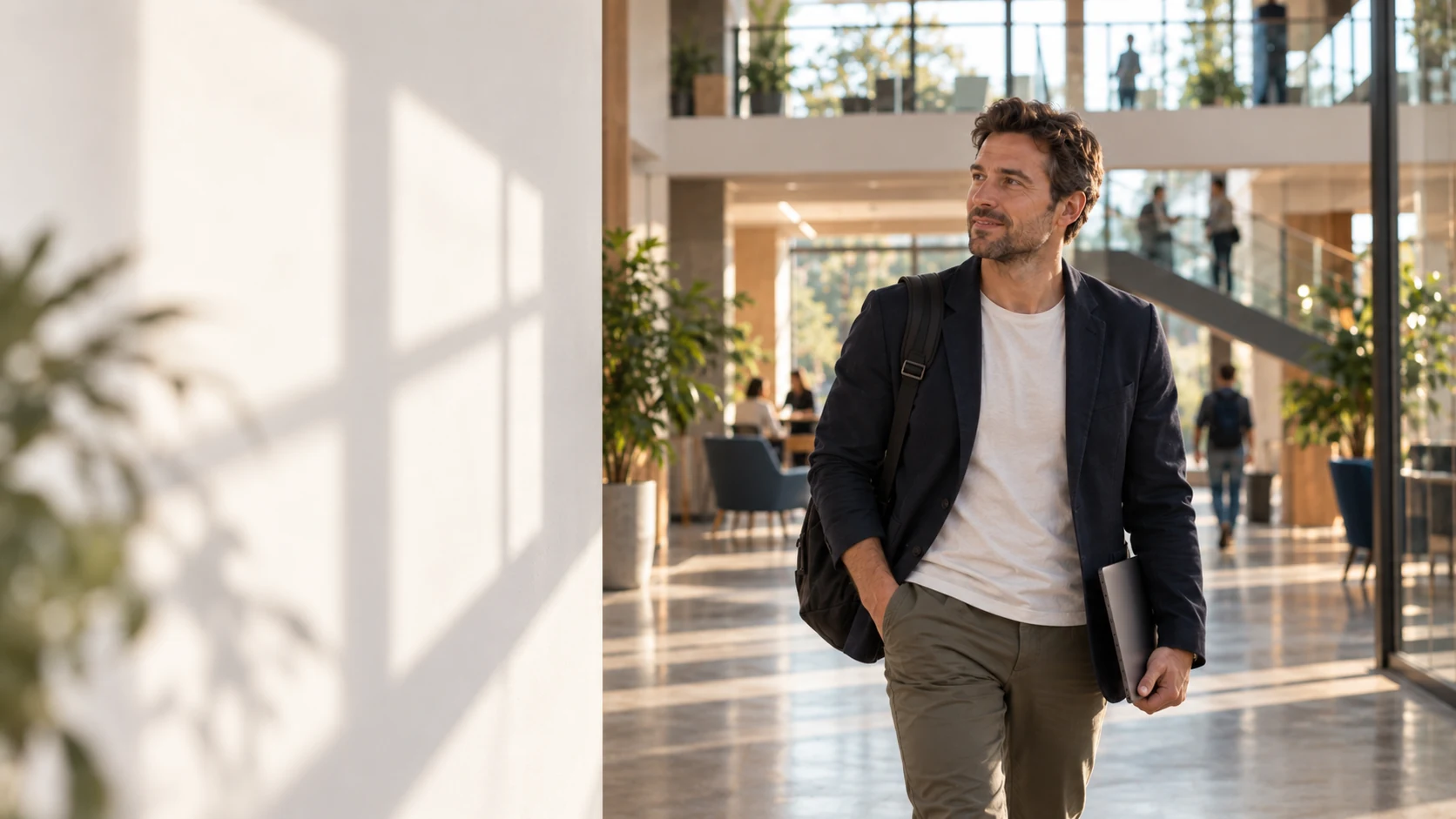 Un homme portant un sac et un ordinateur dans un hall professionnel contemporain et lumineux.