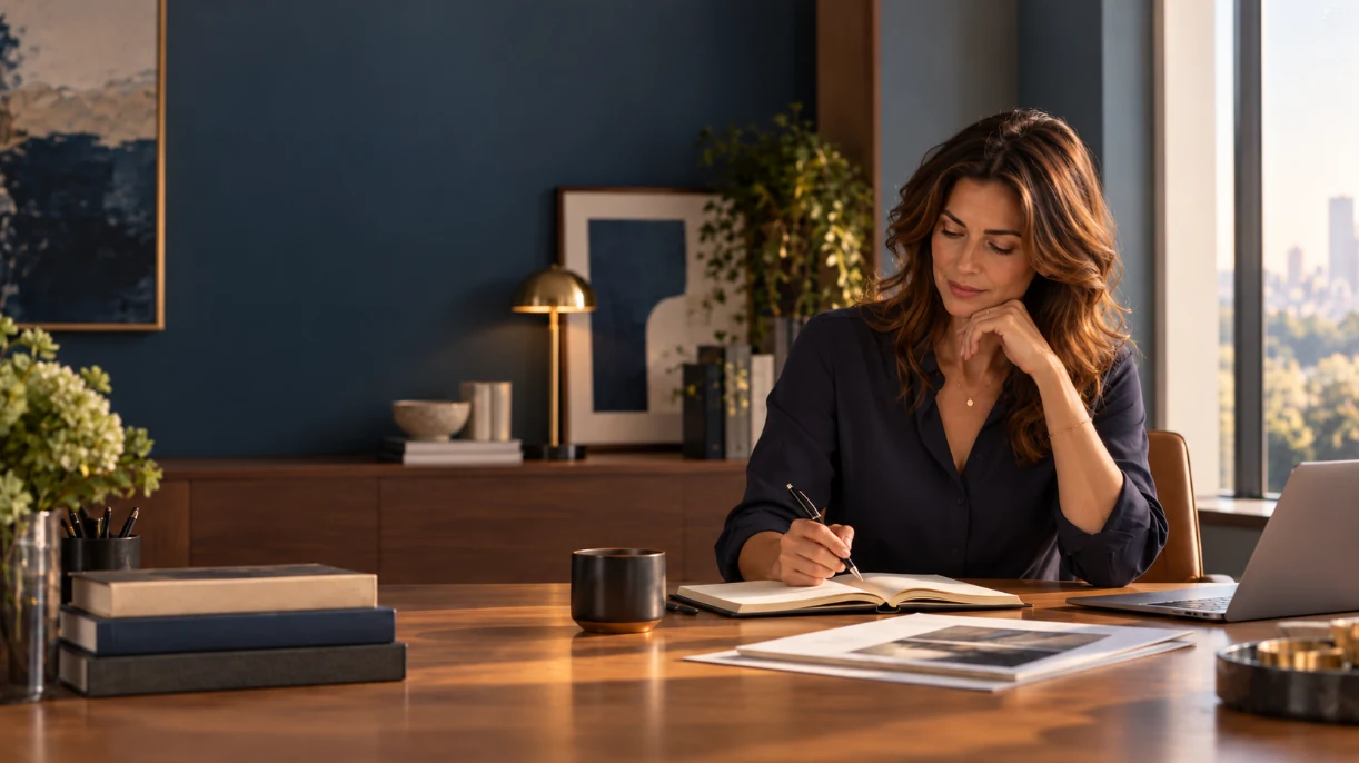 Une femme assise à une table de travail, dans une posture réfléchie, avec un carnet et un ordinateur.