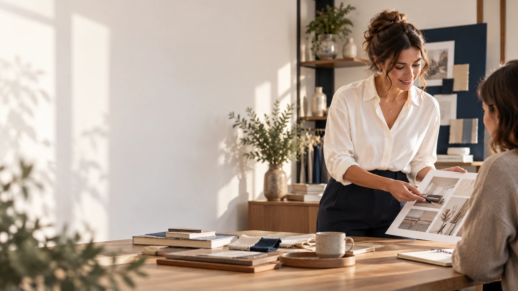 Une professionnelle présente un support à une autre personne, autour d’une table de travail dans un espace chaleureux.