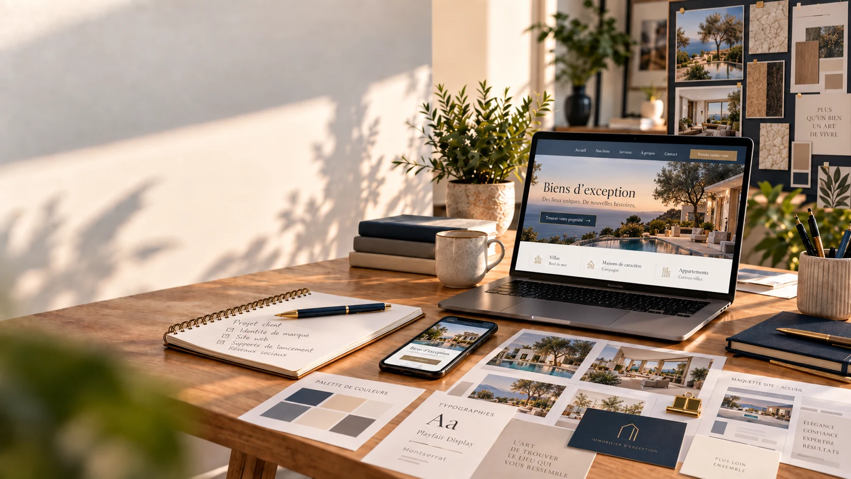 Un exemple fictif d’identité de marque et de site immobilier, présenté sur ordinateur, mobile et supports imprimés dans un espace de travail chaleureux.